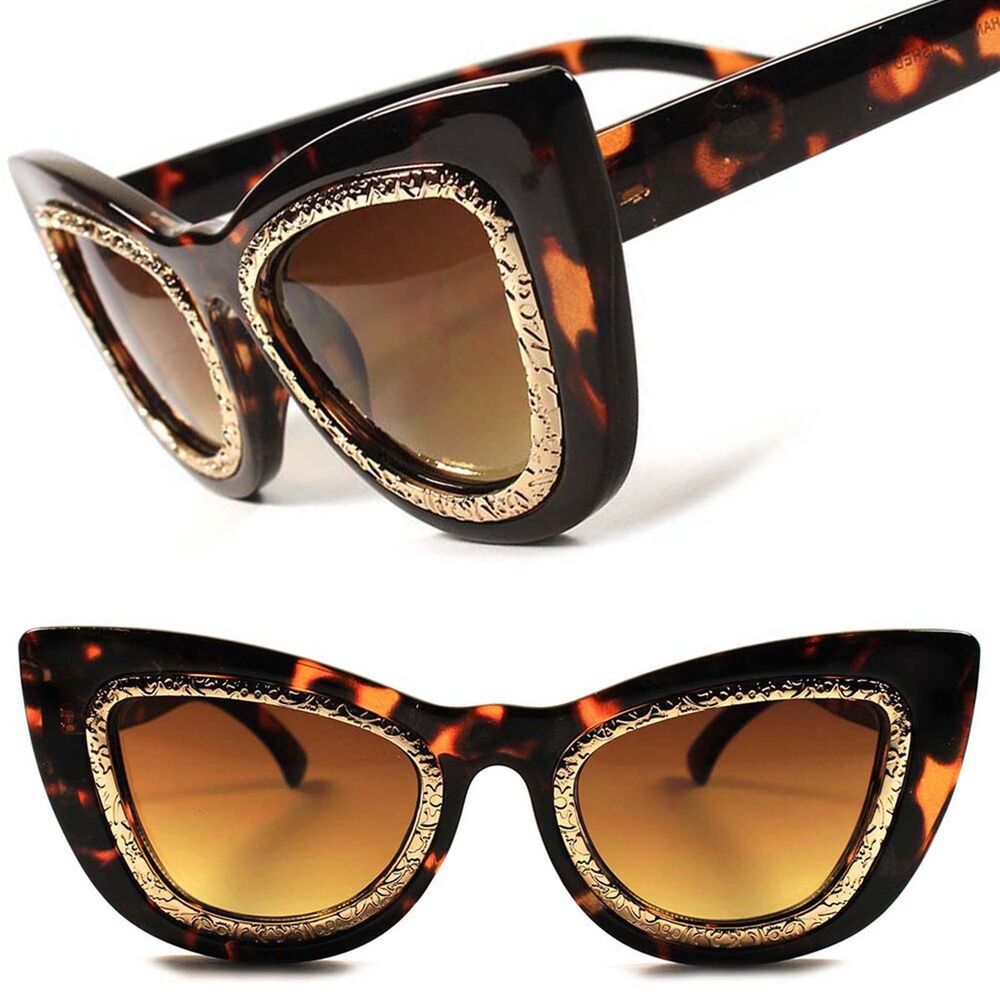 Womens Bold Glamorous Tortoise Cat Eye Sunglasses Gold Detail Around